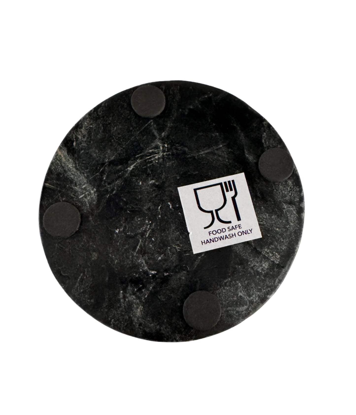 Black marble coaster with a 'Food Safe Handwash Only' label on a white background