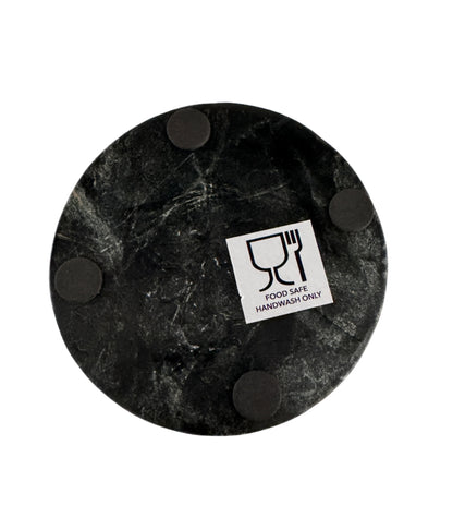 Black marble coaster with a 'Food Safe Handwash Only' label on a white background