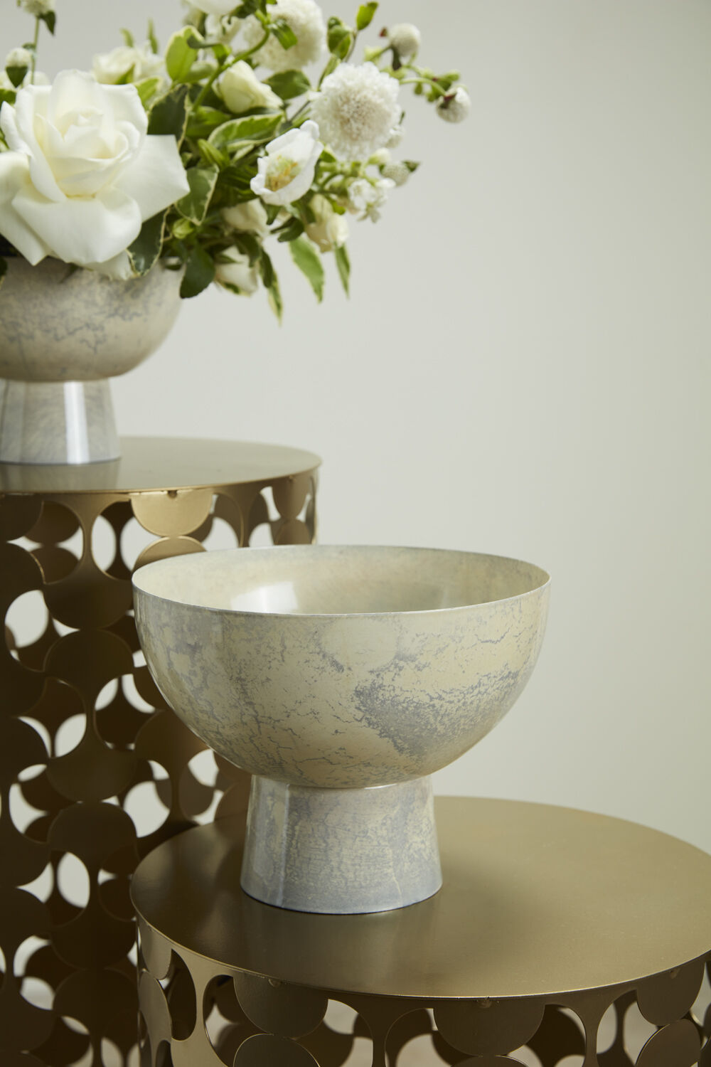 Round White "Phoenix" Footed Marbleized Compote for Plants and Home Decor - Rustike Home