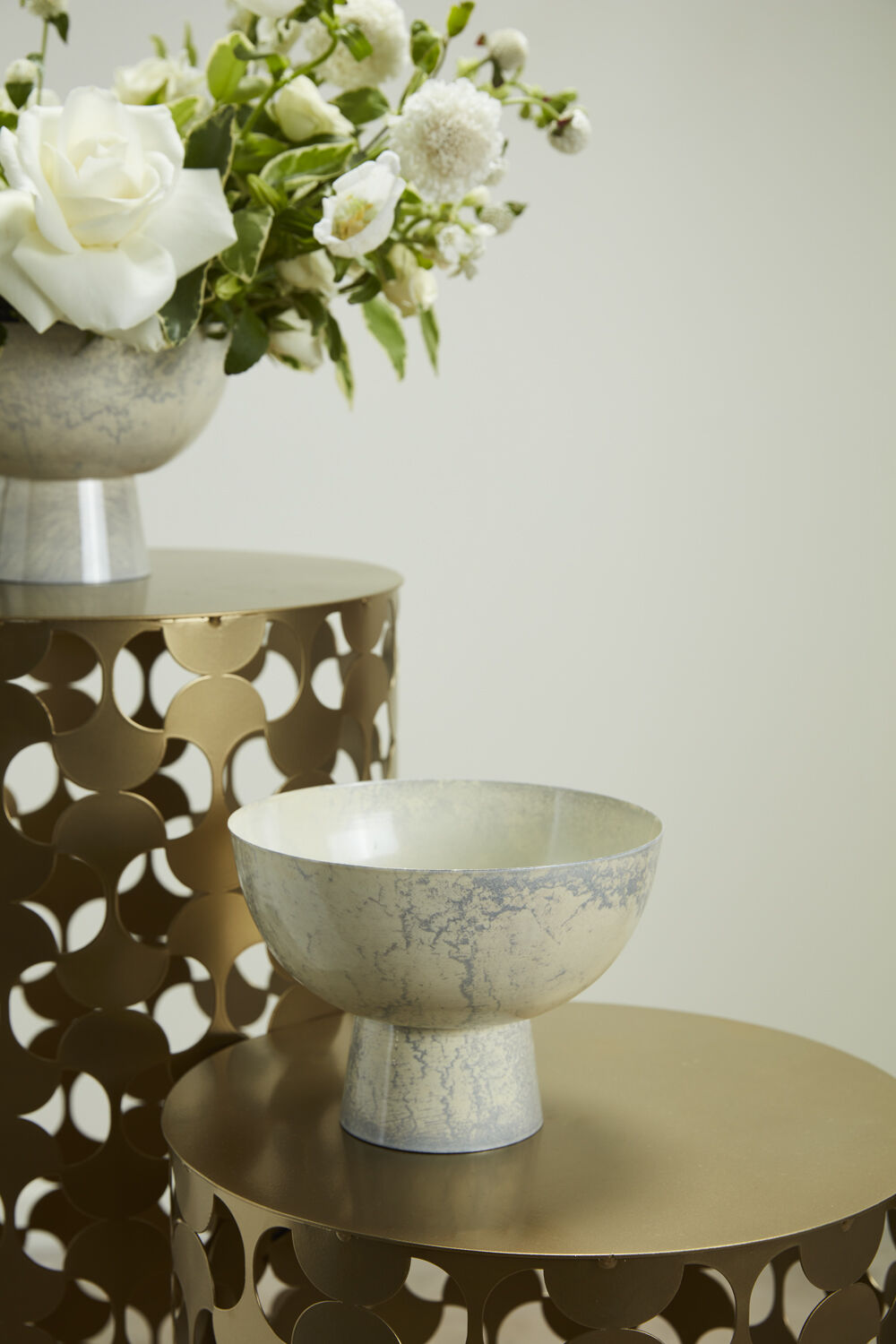 Round White "Phoenix" Footed Marbleized Compote for Plants and Home Decor - Rustike Home