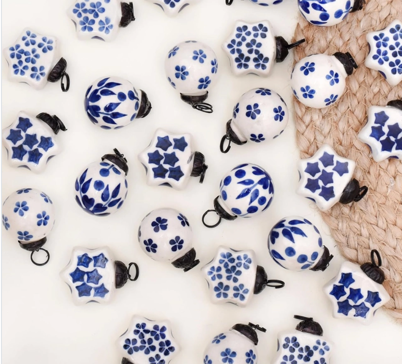 Mini Blue & White Ornaments Christmas Decoration Set of 12 - Rustike Home
