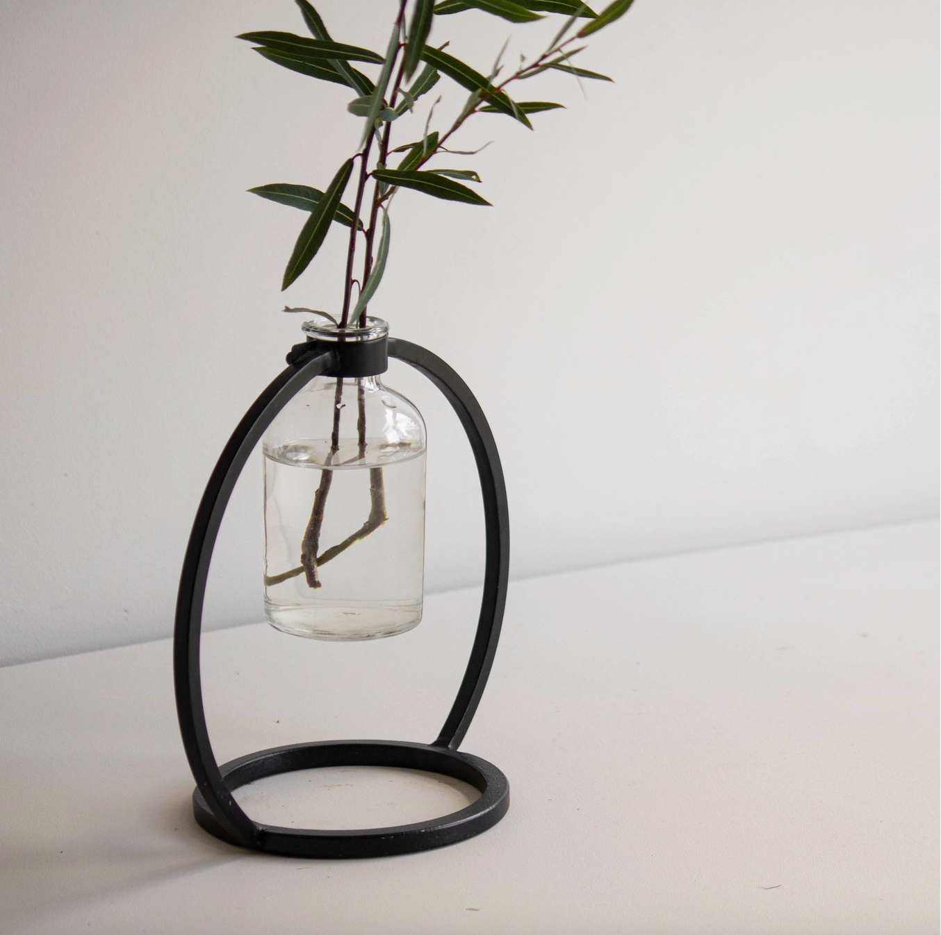 Capstone Floating Glass Bud Vase Brass & Black Finish Metal | Home Decor - Rustike Home