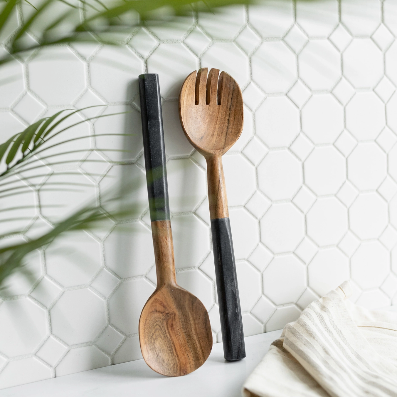 Serving Wood Utensils" Luly" Black Marble Handles Set of 2 - Rustike Home