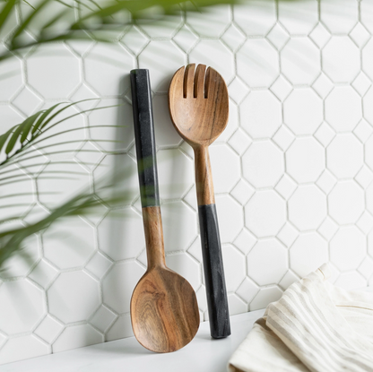 Serving Wood Utensils" Luly" Black Marble Handles Set of 2 - Rustike Home