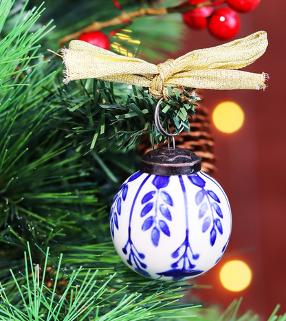 Blue and White Ceramic Balls Christmas Ornaments Set of 12 Flowers & Leaves - Rustike Home