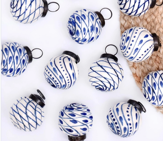 Blue and White Ceramic Balls Christmas Ornaments Set of 12 Swirls - Rustike Home