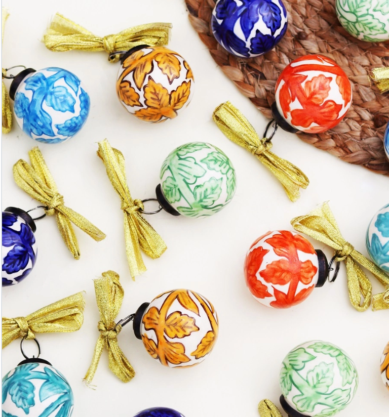 Multicolor Leave Ceramic Balls Christmas Ornaments Set of 12 - Rustike Home