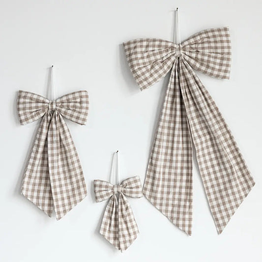 Soft Beige Gingham Fabric Bow – Decorative Nursery Ribbon Accent