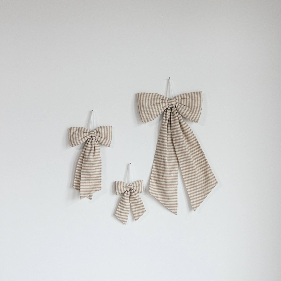 Beige White Striped Fabric Bow – Decorative Nursery Ribbon Accent - Rustike Home