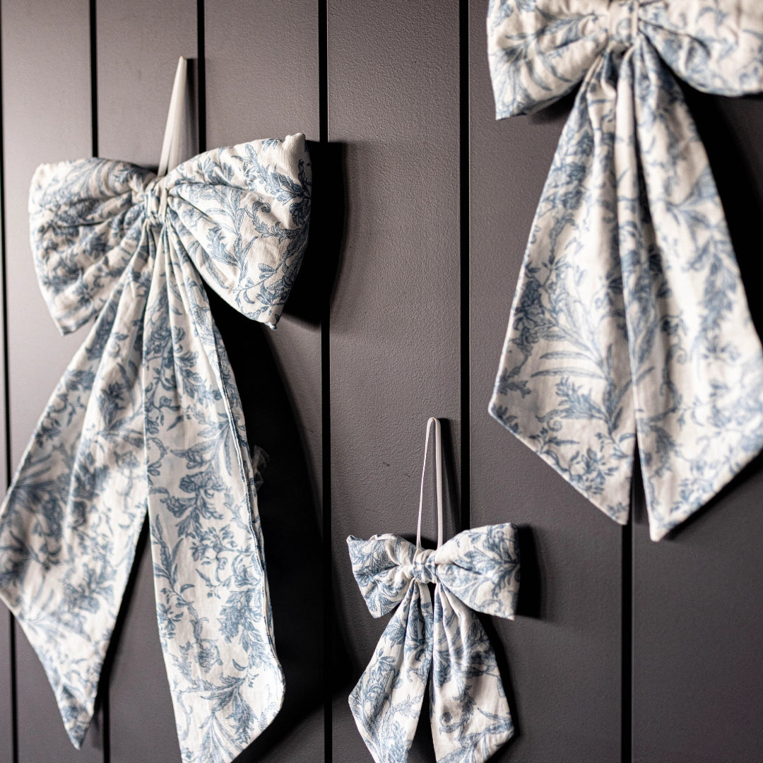 Blue White Toile Fabric Bow – Decorative Baby Nursery Ribbon Accent