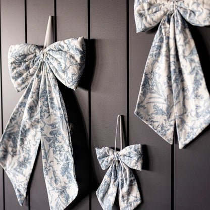 Blue White Toile Fabric Bow – Decorative Baby Nursery Ribbon Accent