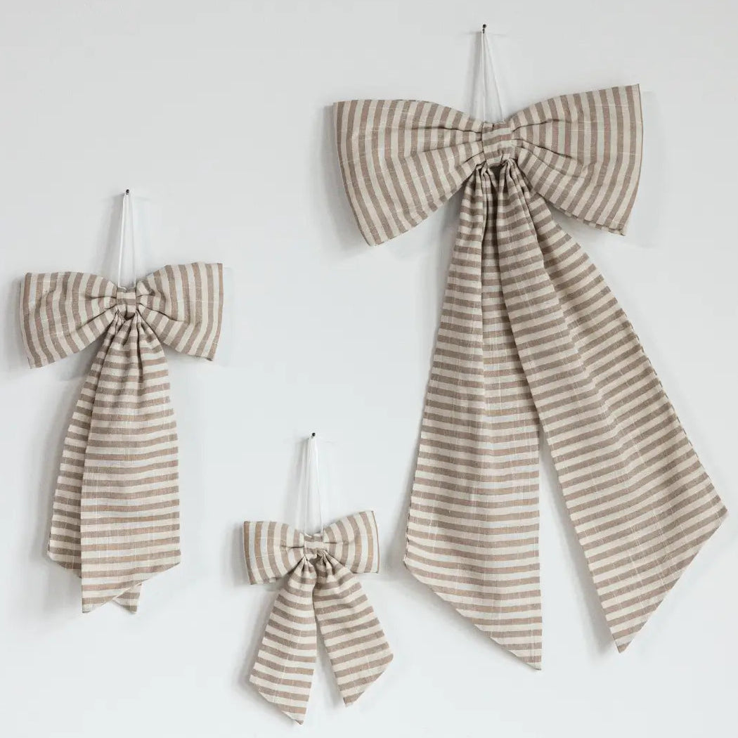 Beige White Striped Fabric Bow – Decorative Nursery Ribbon Accent - Rustike Home