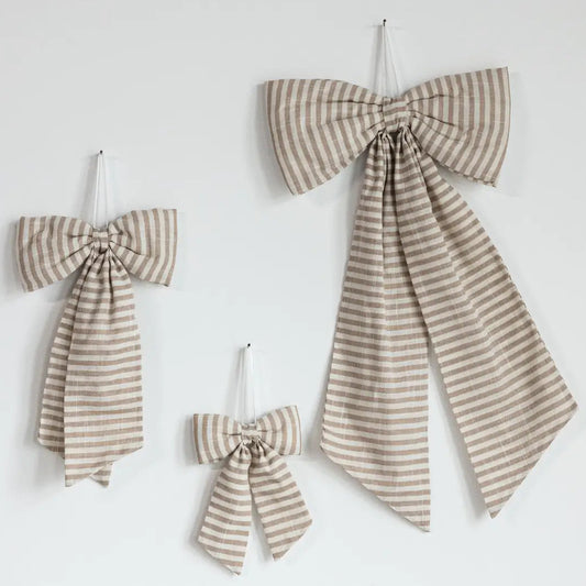 Beige White Striped Fabric Bow – Decorative Nursery Ribbon Accent - Rustike Home