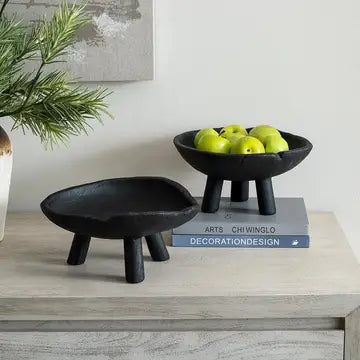 Black Teak Wood Footed Decorative Bowls – Set of 2