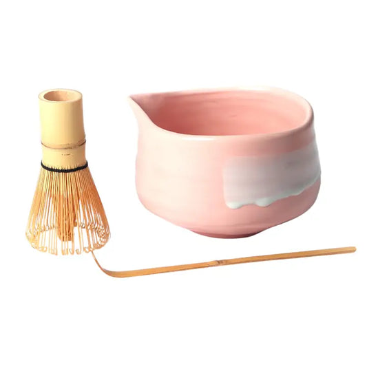 Light Pink & Brushmark Rose Matcha Set 20oz Porcelain Latte Bowl with Whisk & Scoop