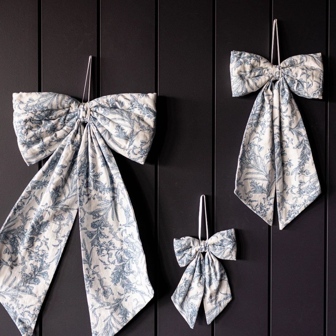 Blue White Toile Fabric Bow – Decorative Baby Nursery Ribbon Accent