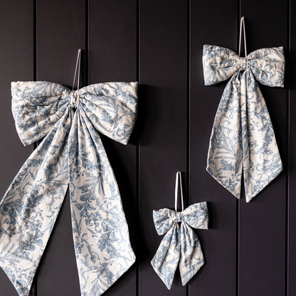 Blue White Toile Fabric Bow – Decorative Baby Nursery Ribbon Accent