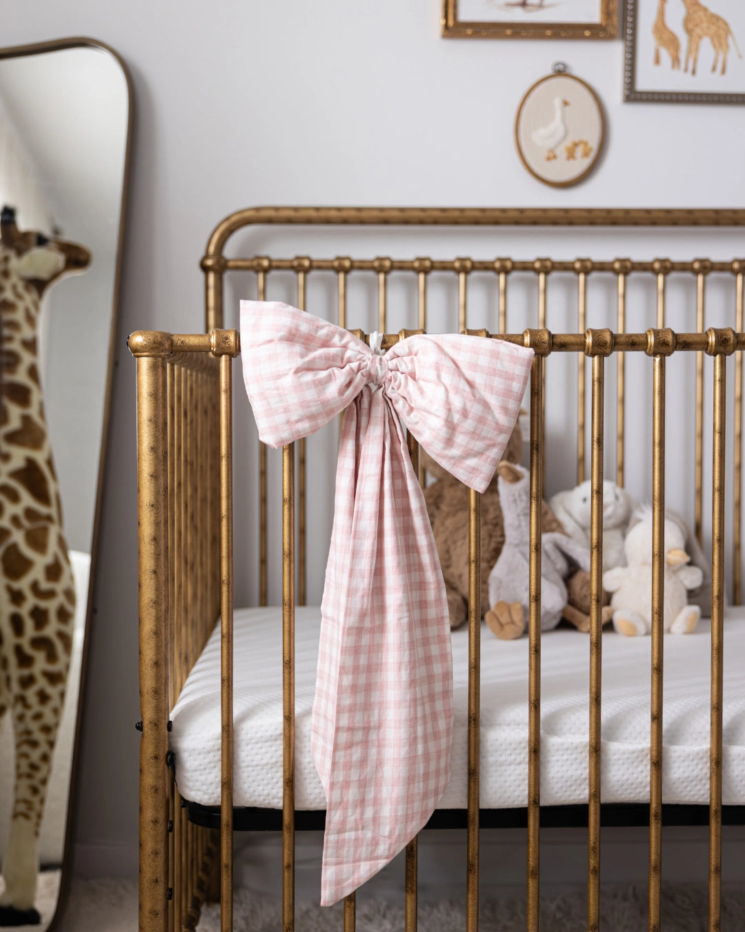 Soft Pink Gingham Fabric Bow – Decorative Nursery Ribbon Accent