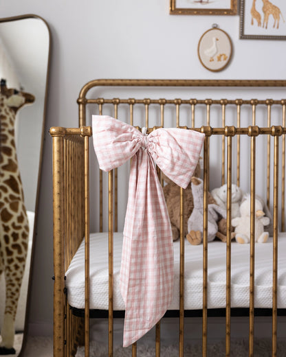 Soft Pink Gingham Fabric Bow – Decorative Nursery Ribbon Accent