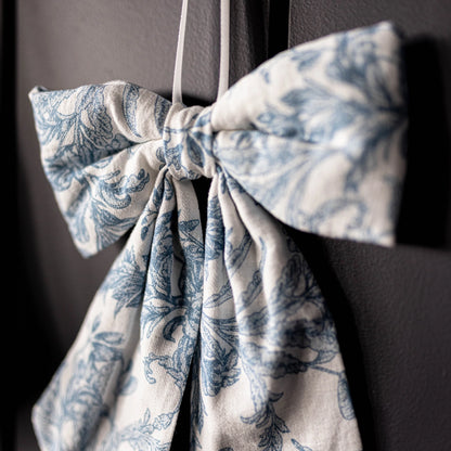 Blue White Toile Fabric Bow – Decorative Baby Nursery Ribbon Accent