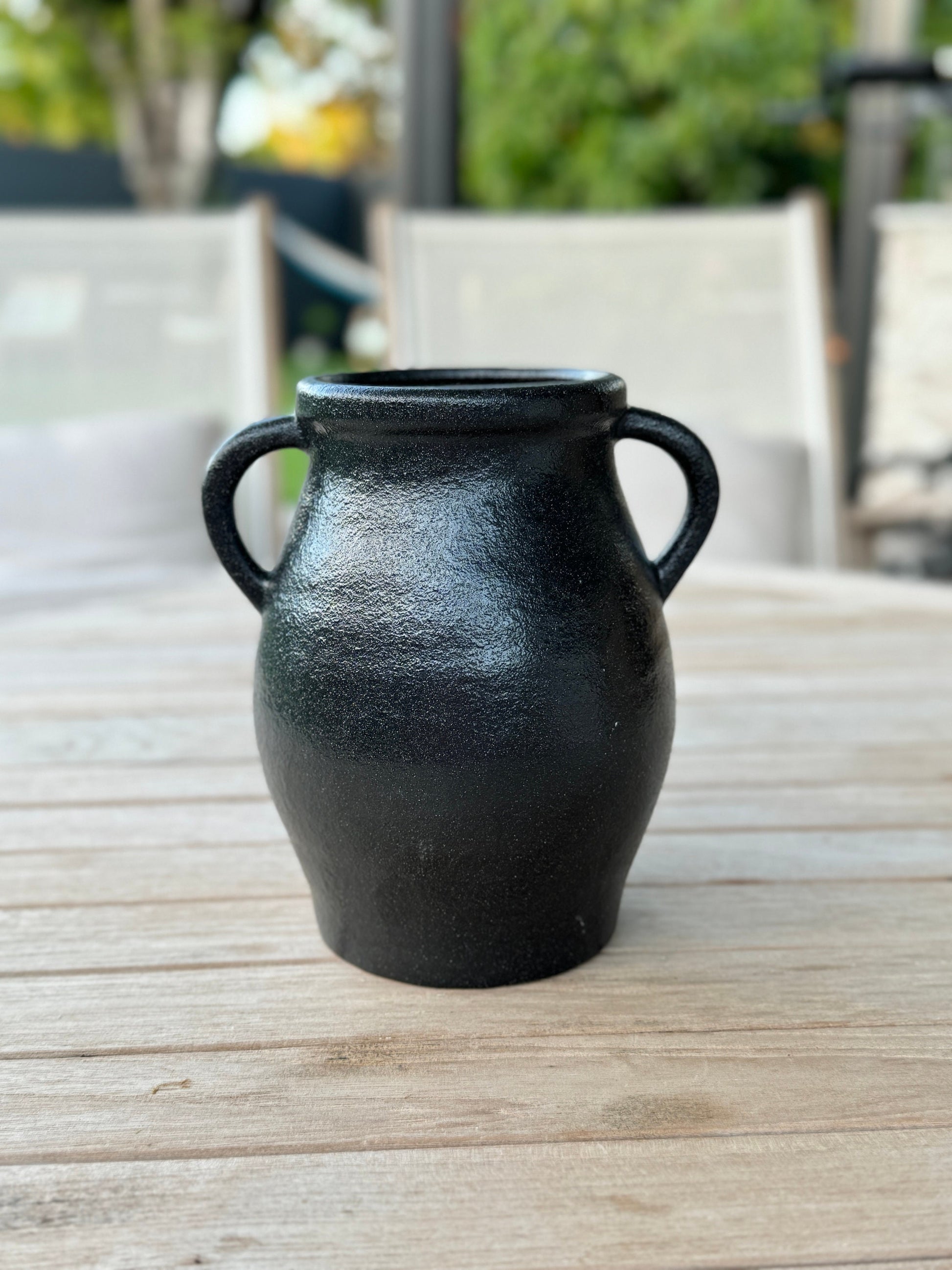 Round Rough Black Terracotta "Adonis" Double Handle Vase Pot for Home Decor | Style 144 - Rustike Home