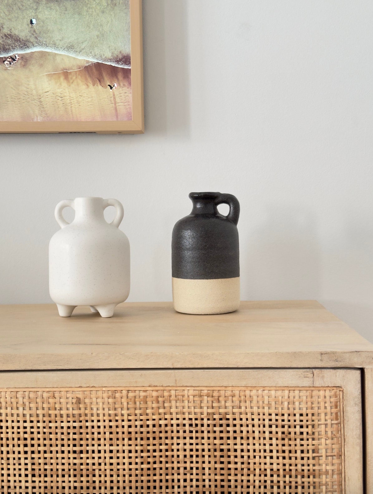 Round Rough Cream and Black "Sonoma" Handle Flower Vase Pot for Home Decor | Style 156 - Rustike Home