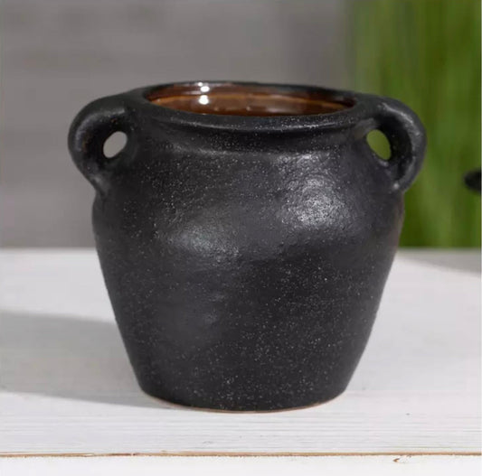 Round Rough Black Terracotta "Nikki" Vintage Vase Pot for Plants and Home Decor - Rustike Home