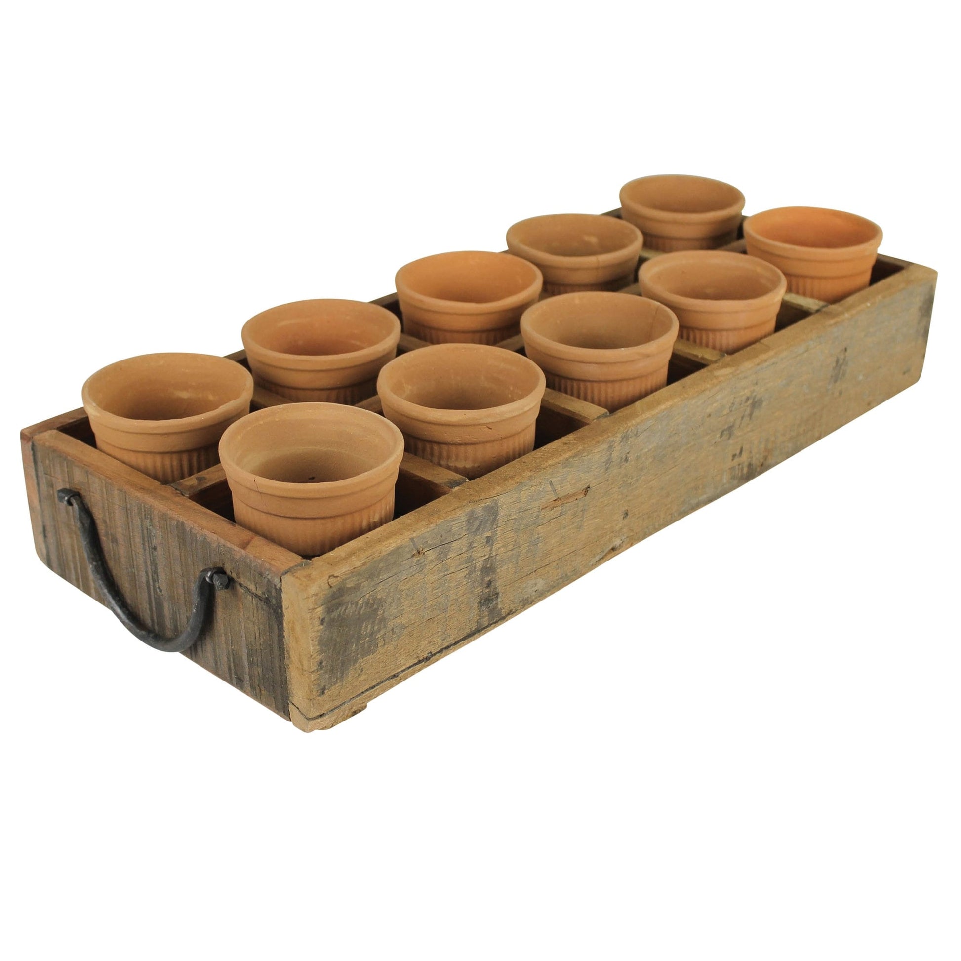 Rustic Wood Caddy Tray with Round Terracotta Orange Pots | Planter Pot for Plants and Home Decor - Rustike Home