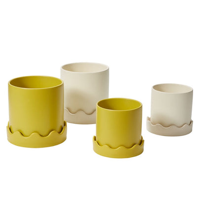 yellow and white plant pot Round White Yellow Scalloped Planter Pot with Saucer for Plants and Home Decor MEDIUM White
